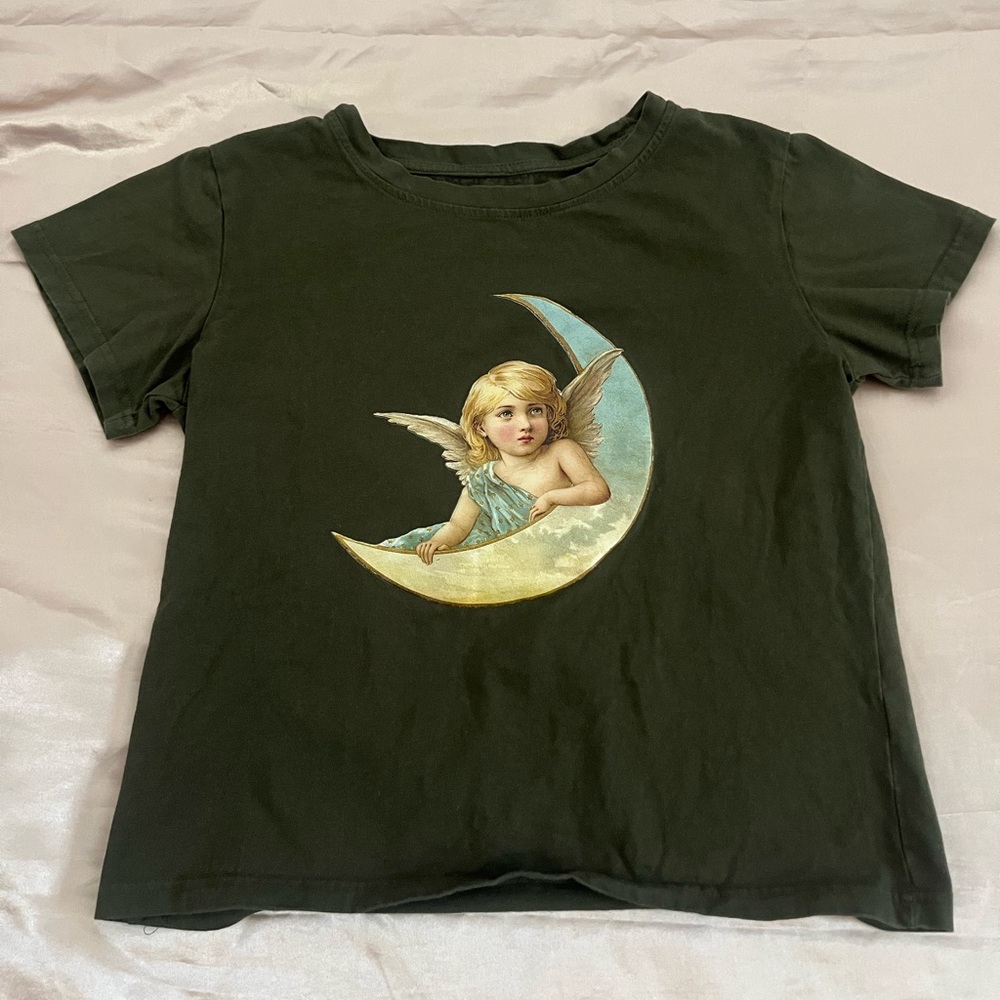 Olive Green Baggy Angel Baby Tee from Shein